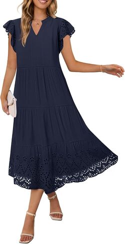 MEROKEETY Women's 2025 Summer Short Sleeve Midi Dress V Neck A-Line Ruffle Tiered Eyelet Casual Dresses in Saudi Arabia
