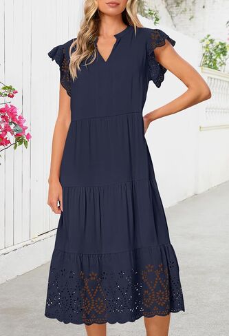 MEROKEETY Women's 2025 Summer Short Sleeve Midi Dress V Neck A-Line Ruffle Tiered Eyelet Casual Dresses in Saudi Arabia