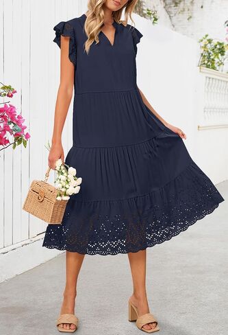 MEROKEETY Women's 2025 Summer Short Sleeve Midi Dress V Neck A-Line Ruffle Tiered Eyelet Casual Dresses in Saudi Arabia