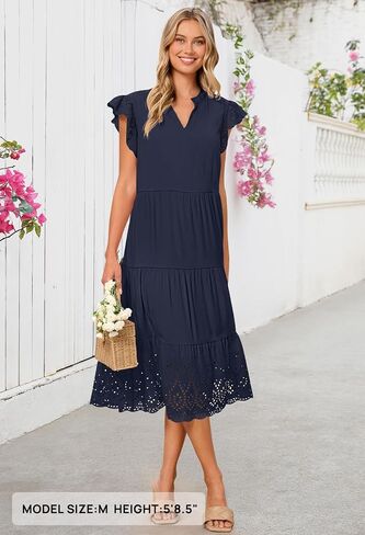 MEROKEETY Women's 2025 Summer Short Sleeve Midi Dress V Neck A-Line Ruffle Tiered Eyelet Casual Dresses in Saudi Arabia