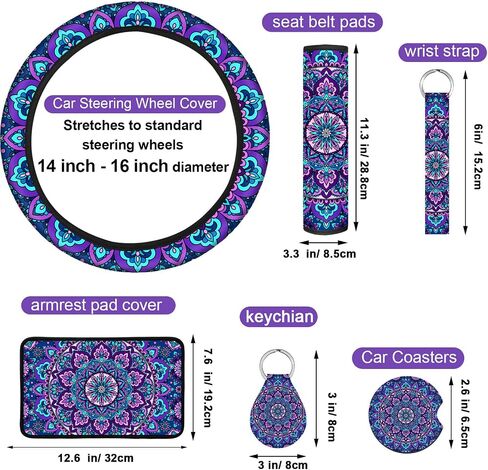 Frienda 13 PCS Cover Purple Mandala Car Cover مجموعة كاملة للنساء TIE TIE DYE TEERINGER COVERT COVER COVER COVER COVER COVER COLLESS CONSOLE PAD BEAD FOR CAR HIPPIE CAR Expensions (Classic Style) in Saudi Arabia