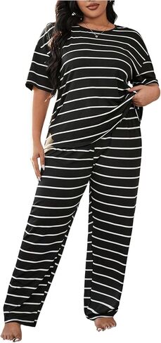 Oyoangle Women's Plus Size Pajama pajama مجموعة قصيرة الأكمام Tee Top مرنة السراويل مرونة ملابس النوم in Saudi Arabia