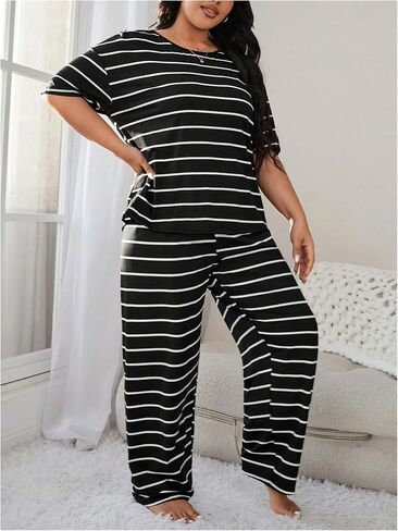 Oyoangle Women's Plus Size Pajama pajama مجموعة قصيرة الأكمام Tee Top مرنة السراويل مرونة ملابس النوم in Saudi Arabia