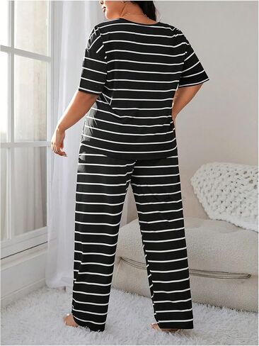 Oyoangle Women's Plus Size Pajama pajama مجموعة قصيرة الأكمام Tee Top مرنة السراويل مرونة ملابس النوم in Saudi Arabia