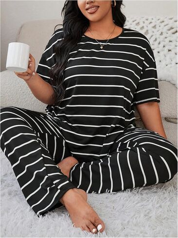 Oyoangle Women's Plus Size Pajama pajama مجموعة قصيرة الأكمام Tee Top مرنة السراويل مرونة ملابس النوم in Saudi Arabia