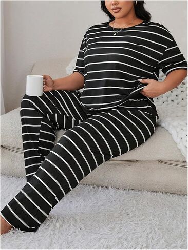 Oyoangle Women's Plus Size Pajama pajama مجموعة قصيرة الأكمام Tee Top مرنة السراويل مرونة ملابس النوم in Saudi Arabia