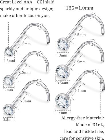 18G 20G 22G Corkcrew Rings Rings Studs 316L Surgical Steel Hypoallergenic Datss Nostril Percing Jewelry for Women Men Zirconia size 1.5mm 2mm 2.5mm 3mm 3.5mm 4mm 4mm 4mm in Kuwait
