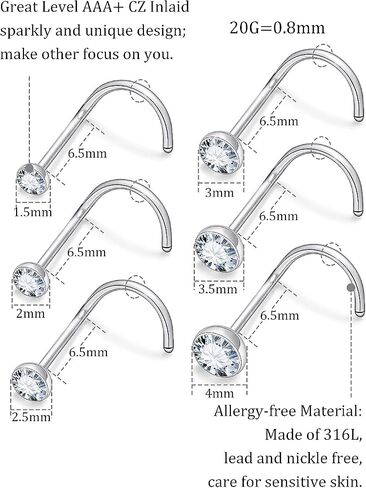 18G 20G 22G Corkcrew Rings Rings Studs 316L Surgical Steel Hypoallergenic Datss Nostril Percing Jewelry for Women Men Zirconia size 1.5mm 2mm 2.5mm 3mm 3.5mm 4mm 4mm 4mm in Kuwait