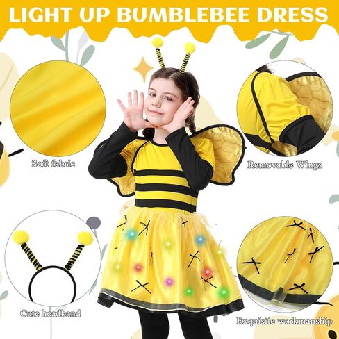 Resiwai Girls Light up Butterfly Costume, Kids Bumble Bee Costume, Toddlers Ladybug Dress Costume, Halloween Outfit for 4-12Y in Kuwait