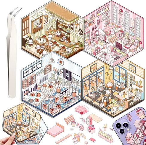 DIY 3D House Stickers, 4 Set Fun DIY Stickers Scene Make Your Own Warm Home, Supermarket, Coffee Shop, Music Bar, Cute 3D Cartoon Scene Sticker for Adult Kids Relief Stress Pass The Time in Saudi Arabia