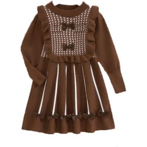 Girls Long Sleeve Sweater Dress Houndstooth Design Bow Decorated Chest and Hem Dress in Saudi Arabia