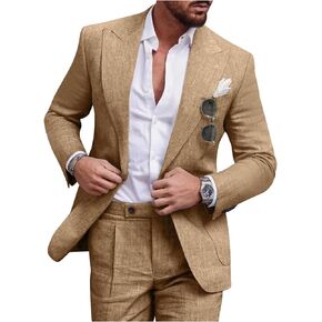 Linen Men Suit Set Casual Tuxedo 2 Piece Regular Fit Blazer One Button Solid Jacket and Pants for Prom Wedding Party in Kuwait