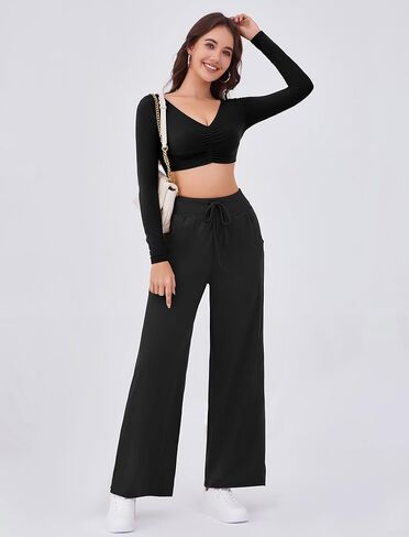 Arolina Women's Wide Leg Pants Casual High Waist Drawstring Palazzo Pants Flowy Drapey Lounge Sweatpants with Pockets in Kuwait