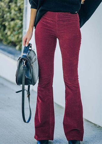 Yming Women's Corduroy Flare Pants مرنة جرس الخصر السفلى سراويل سراويل ملونة الصلبة مع جيوب in Kuwait