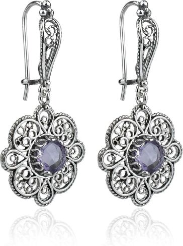 Sterling Silver Filigree Art Floral Design Woman Dangle Drop Earrings with Gemstones in Kuwait
