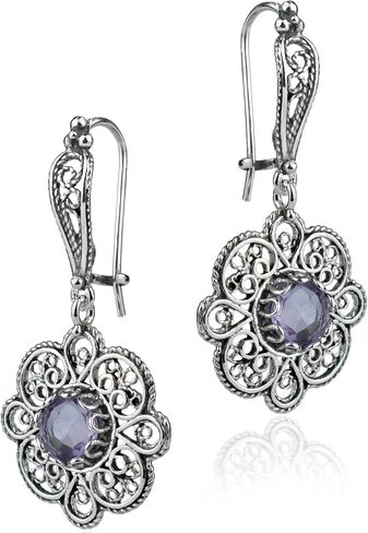 Sterling Silver Filigree Art Floral Design Woman Dangle Drop Earrings with Gemstones in Kuwait