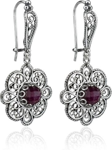Sterling Silver Filigree Art Floral Design Woman Dangle Drop Earrings with Gemstones in Kuwait