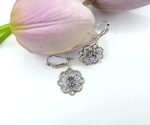 Sterling Silver Filigree Art Floral Design Woman Dangle Drop Earrings with Gemstones in Kuwait