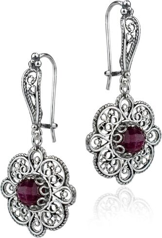 Sterling Silver Filigree Art Floral Design Woman Dangle Drop Earrings with Gemstones in Kuwait