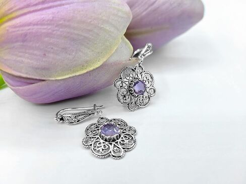 Sterling Silver Filigree Art Floral Design Woman Dangle Drop Earrings with Gemstones in Kuwait