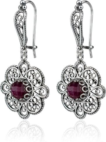 Sterling Silver Filigree Art Floral Design Woman Dangle Drop Earrings with Gemstones in Kuwait
