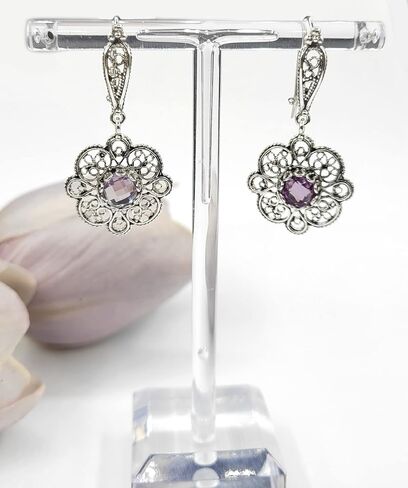 Sterling Silver Filigree Art Floral Design Woman Dangle Drop Earrings with Gemstones in Kuwait
