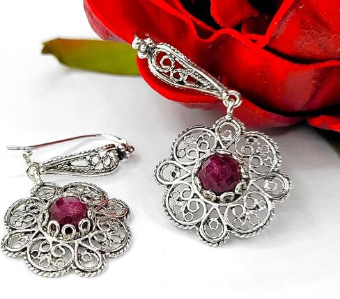Sterling Silver Filigree Art Floral Design Woman Dangle Drop Earrings with Gemstones in Kuwait