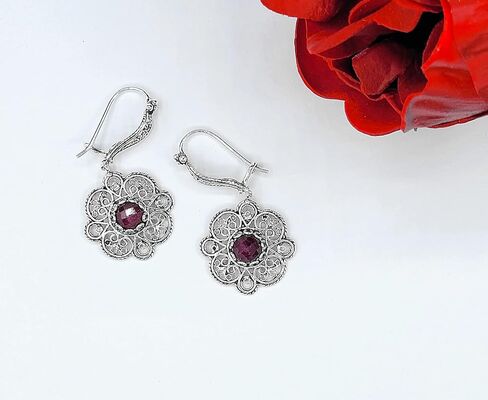 Sterling Silver Filigree Art Floral Design Woman Dangle Drop Earrings with Gemstones in Kuwait