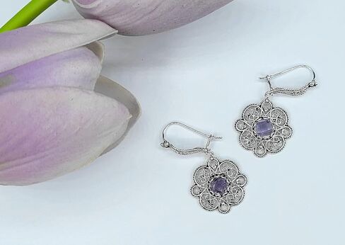 Sterling Silver Filigree Art Floral Design Woman Dangle Drop Earrings with Gemstones in Kuwait