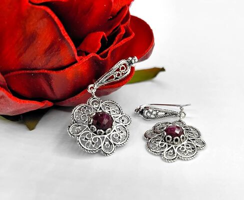 Sterling Silver Filigree Art Floral Design Woman Dangle Drop Earrings with Gemstones in Kuwait