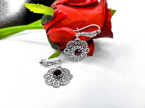 Sterling Silver Filigree Art Floral Design Woman Dangle Drop Earrings with Gemstones in Kuwait