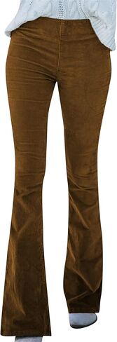 Yming Women's Corduroy Flare Pants مرنة جرس الخصر السفلى سراويل سراويل ملونة الصلبة مع جيوب in Kuwait