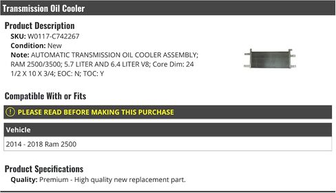 Automatic Transmission Cooler Assembly - Compatible with 2014-2018 Ram 2500 5.7L 6.4L V8 in Saudi Arabia