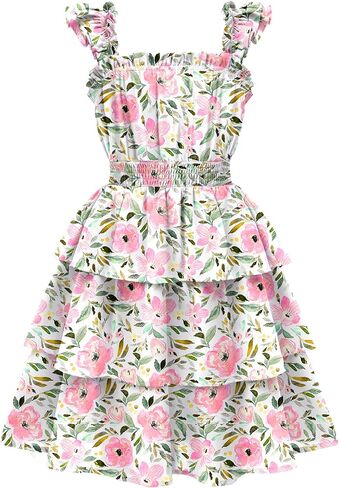 Arshiner Girls Dresses Ruffle Flutter Sleeve Summer Floral Tiered Casual Party Dress for 6-14 Y in Saudi Arabia