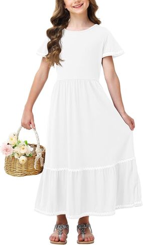 Remimi Girls Summer Short Sleeve Dress Casual Flowy Maxi Dresses 5-14 Years in Kuwait