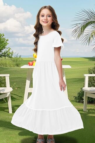 Remimi Girls Summer Short Sleeve Dress Casual Flowy Maxi Dresses 5-14 Years in Kuwait
