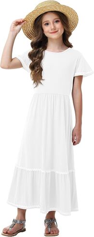 Remimi Girls Summer Short Sleeve Dress Casual Flowy Maxi Dresses 5-14 Years in Kuwait