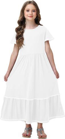 Remimi Girls Summer Short Sleeve Dress Casual Flowy Maxi Dresses 5-14 Years in Kuwait
