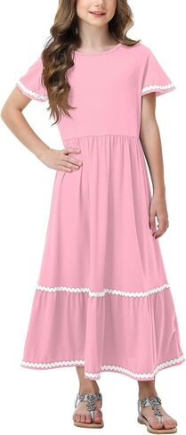 Remimi Girls Summer Short Sleeve Dress Casual Flowy Maxi Dresses 5-14 Years in Kuwait