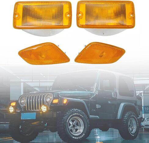4PCS- Front Bumper Signal Cover & Front Side Marker Lights Housing Assembly Kit Compatible with Jeep Wrangler TJ 1997-2006, Bulbs not included in Saudi Arabia