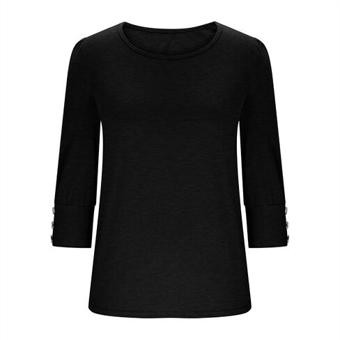 3/4 Length Sleeve Womens Tops with Buttons Trendy Crewneck Summer Blouses Workout Beach Vacation Plus Size Tshirts in Saudi Arabia