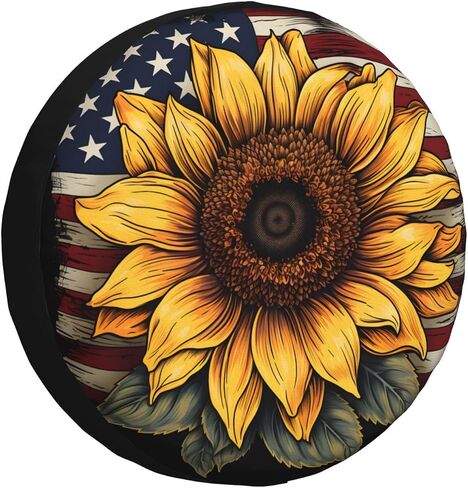 Sunflower American Flag Fark Cover Tyre Tire Cover مقاوم للماء واقية من أغطية إطارات العجلات العالمية المقاوم للماء للمقطورات للمقطورات SUV RV Travel Camper 17 Inch in Kuwait