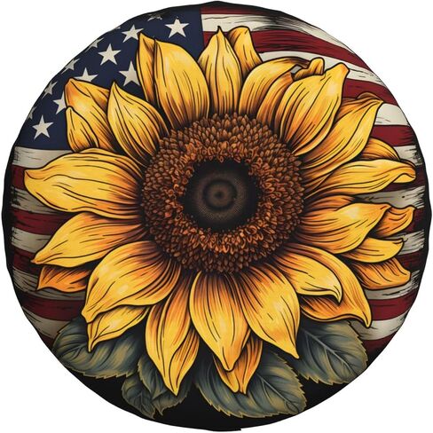 Sunflower American Flag Fark Cover Tyre Tire Cover مقاوم للماء واقية من أغطية إطارات العجلات العالمية المقاوم للماء للمقطورات للمقطورات SUV RV Travel Camper 17 Inch in Kuwait