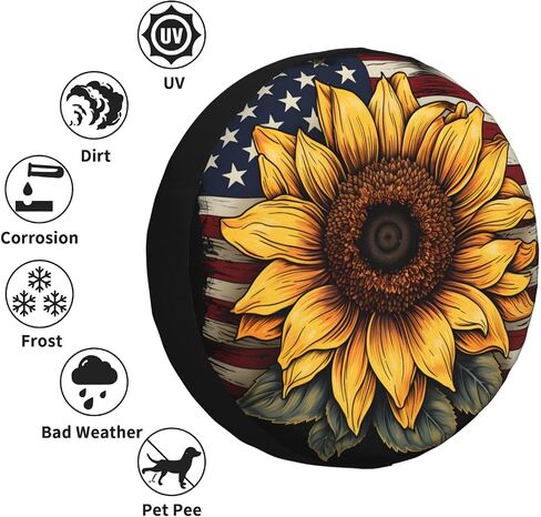 Sunflower American Flag Fark Cover Tyre Tire Cover مقاوم للماء واقية من أغطية إطارات العجلات العالمية المقاوم للماء للمقطورات للمقطورات SUV RV Travel Camper 17 Inch in Kuwait