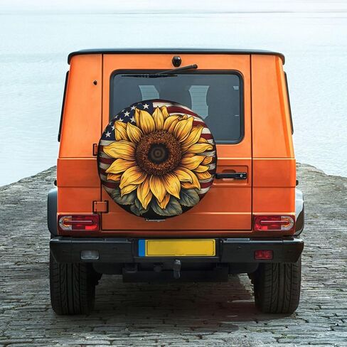 Sunflower American Flag Fark Cover Tyre Tire Cover مقاوم للماء واقية من أغطية إطارات العجلات العالمية المقاوم للماء للمقطورات للمقطورات SUV RV Travel Camper 17 Inch in Kuwait