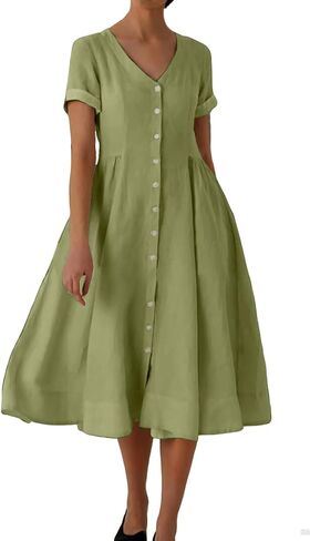 chouyatou Women's Summer Fit and Flare Swing Cotton Dress Casual V-Neck Button Down Beach Midi Dress in Saudi Arabia
