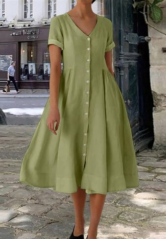 chouyatou Women's Summer Fit and Flare Swing Cotton Dress Casual V-Neck Button Down Beach Midi Dress in Saudi Arabia