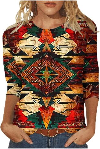 Plus Size 3/4 Sleeve Tops for Women Summer Western Aztec Print Tunic Shirts Dressy Casual Loose Fit Blouses in Kuwait