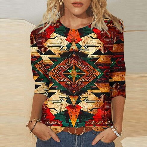 Plus Size 3/4 Sleeve Tops for Women Summer Western Aztec Print Tunic Shirts Dressy Casual Loose Fit Blouses in Kuwait