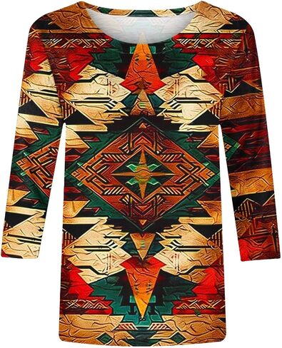 Plus Size 3/4 Sleeve Tops for Women Summer Western Aztec Print Tunic Shirts Dressy Casual Loose Fit Blouses in Kuwait